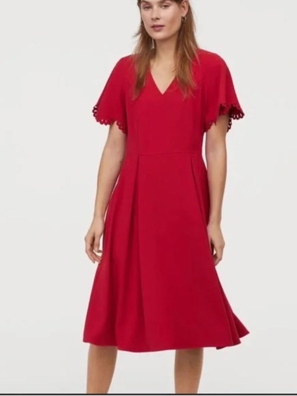 H&M Red V-Neck Midi Dress with Scalloped Sleeve Trim